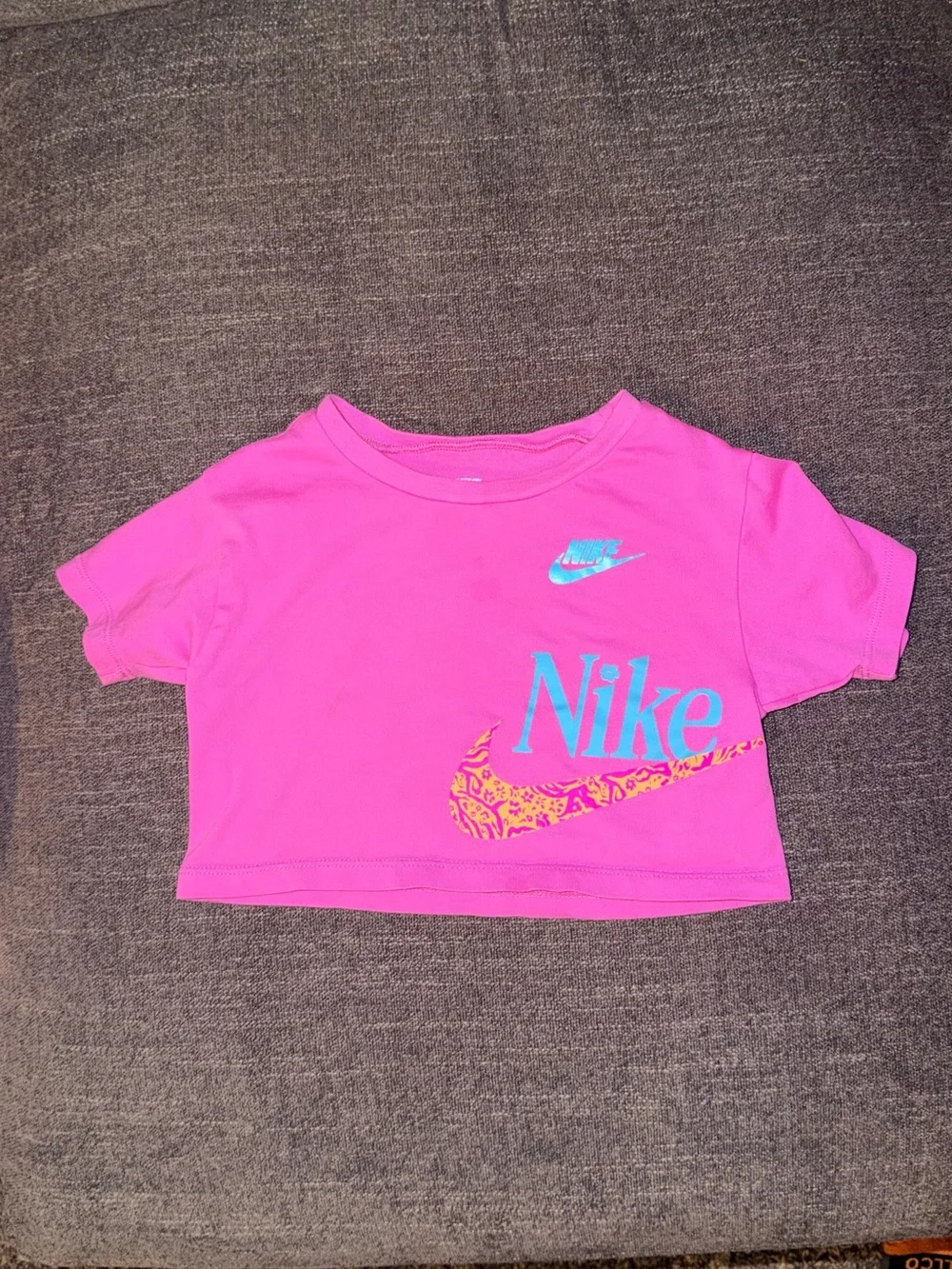 Nike Girls Hot Pink Crop Tee with Teal Logo and Patterned Swoosh
